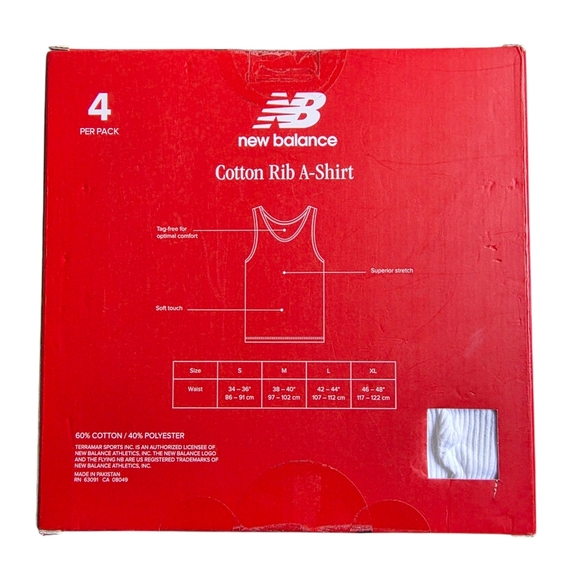 New Balance Red and White Cotton Rib A-Shirts 4-Pack Size S - Picture 2 of 2